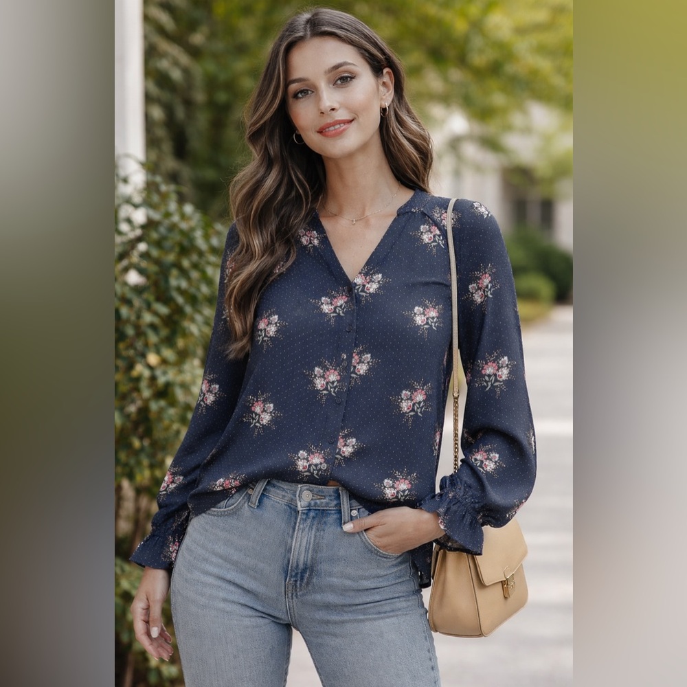 Tahari Women’s Gray Floral Button-Up Blouse Long Sleeve Ruffle Cuffs Sz XS